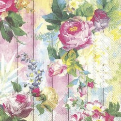 Χαρτοπετσέτα για Decoupage - 1 τεμ. 33x33 ρόζ και λευκά τριαντάφυλλα σε φόντο σανίδας