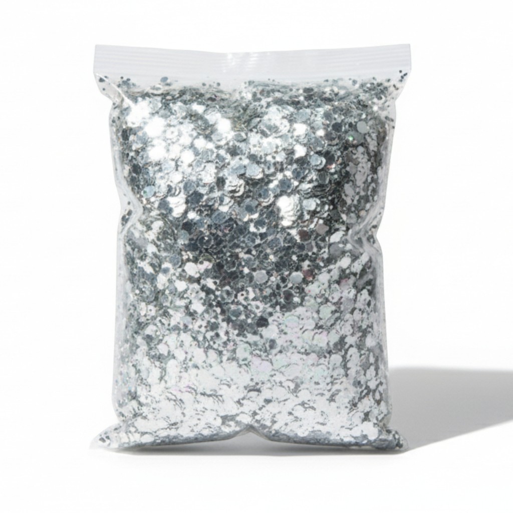 Σακούλα με ασημί γκλίτερ μικτών μεγεθών 1kg