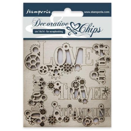 Διακοσμητικό Chipboard Επιγραφές με γρανάζια 14x14cm Stamperia