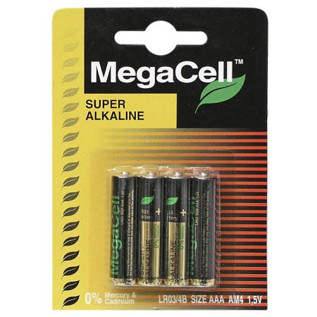 Συσκευασία τεσσάρων αλκαλικών μπαταριών μίνι AAA MegaCell 1.5V.