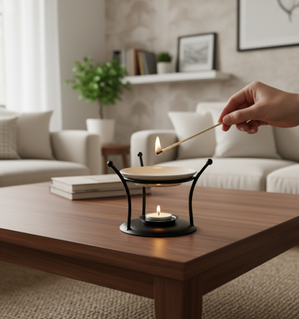 Αρωματιστής 8cm με μαύρη μεταλλική βάση και λευκό κεραμικό πιατάκι για wax melts