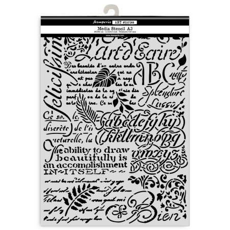 Στένσιλ Stamperia Media A3 με σχέδια κειμένων, καλλιγραφικών γραμμάτων και διακοσμητικών μοτίβων.