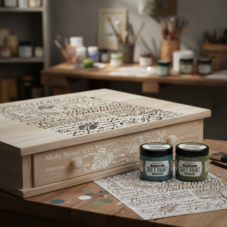 Στένσιλ Stamperia Media A3 με σχέδια κειμένων, καλλιγραφικών γραμμάτων και διακοσμητικών μοτίβων.