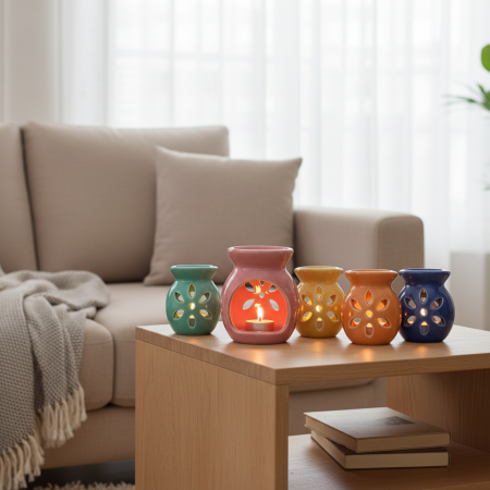 Ποικιλία κεραμικών αρωματιστών χώρου με σχέδιο λουλουδιών και αναμμένο κεράκι ρεσώ