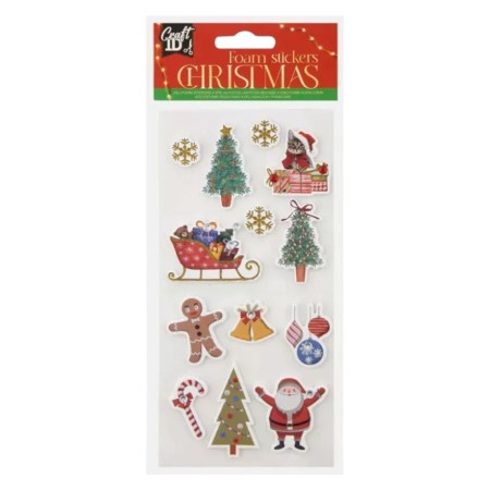 Συσκευασία με 13 χριστουγεννιάτικα αυτοκόλλητα foam, που περιλαμβάνουν Άγιο Βασίλη, δέντρα, έλκηθρο, μπισκότα gingerbread, νιφάδες χιονιού και καμπάνες.