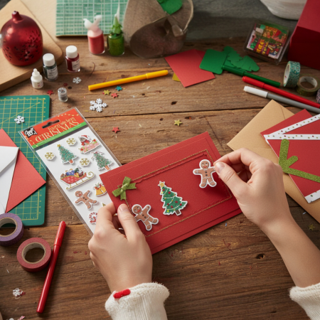 Συσκευασία με 13 χριστουγεννιάτικα αυτοκόλλητα foam, που περιλαμβάνουν Άγιο Βασίλη, δέντρα, έλκηθρο, μπισκότα gingerbread, νιφάδες χιονιού και καμπάνες.