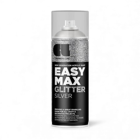 Ασημί σπρέι βερνίκι Cosmos Lac Easy Max Glitter 400ml για λάμψη σε διακοσμητικά έργα.