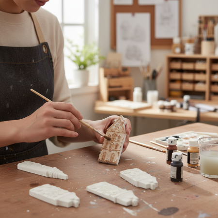 Σετ από 11 λευκά διακοσμητικά σπιτάκια και κτίρια σε διάφορα σχέδια και μεγέθη, ιδανικά για χριστουγεννιάτικη διακόσμηση.