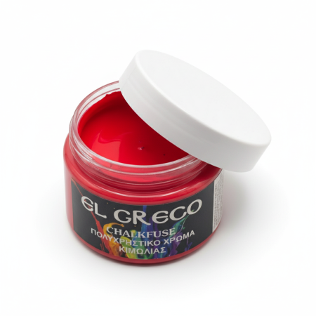 Κόκκινο χρώμα κιμωλίας El Greco Chalkfuse σε πλαστικό δοχείο με λευκό καπάκι.