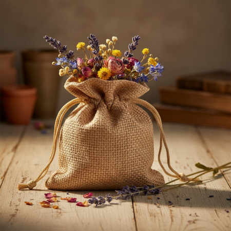 Πουγκί δώρου από φυσική λινάτσα με κορδόνι περίσφιξης, διαστάσεων 12x9cm, σε ουδέτερο μπεζ χρώμα, ιδανικό για συσκευασία μικρών αντικειμένων.