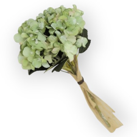 Μπουκέτο με πράσινες ορτανσίες και λινάτσα 30x15cm για ρουστίκ διακόσμηση και DIY χειροτεχνίες.