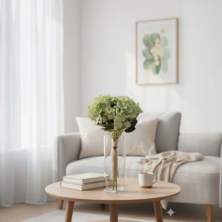 Μπουκέτο με πράσινες ορτανσίες και λινάτσα 30x15cm για ρουστίκ διακόσμηση και DIY χειροτεχνίες.