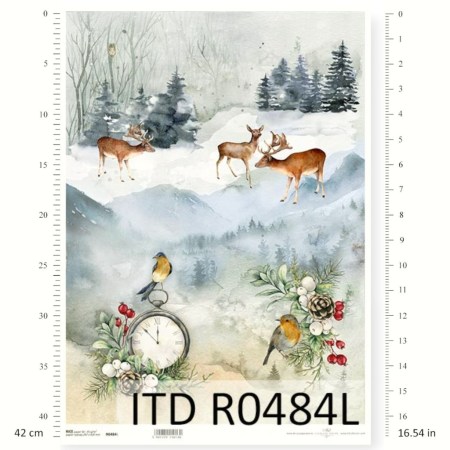 Ριζόχαρτο Decoupage A3 – Χειμωνιάτικο Τοπίο με Ελάφια, Πουλιά & Ρολόι ITD