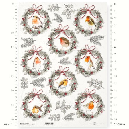 Ριζόχαρτο A3 – Πουλάκια σε Χριστουγεννιάτικα Στεφάνια για Decoupage | ITD | Xeirokamoto