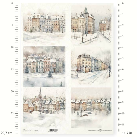 Ριζόχαρτο A3 – Χιονισμένη Πόλη σε ακουαρέλα για Decoupage | ITD | Xeirokamoto