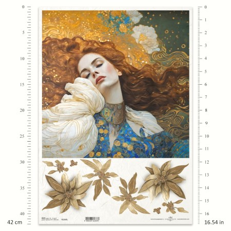 Ριζόχαρτο A3 – Πορτρέτο Γυναίκας & Χρυσά Λουλούδια για Decoupage | ITD | Xeirokamoto
