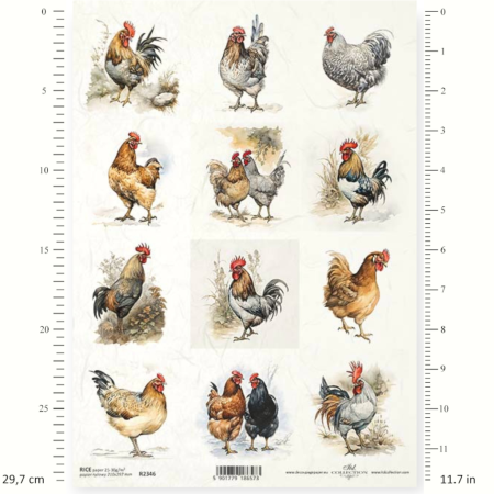 Ριζόχαρτο Decoupage  A4 – Αγροτικό με Κότες και Κόκορες