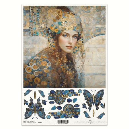 Ριζόχαρτο Decoupage A4 – Πορτρέτο σε Στυλ Klimt με Πεταλούδες & Κοσμήματα