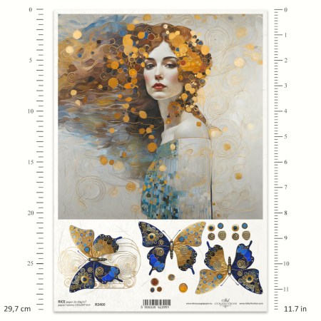 Ριζόχαρτο Decoupage A4 – Γυναίκα σε Στυλ Klimt με Πεταλούδες και Χρυσές Σπείρες