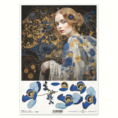 Ριζόχαρτο Decoupage A4 – Πορτρέτο Γυναίκας με Καλλιτεχνικά Λουλούδια σε Στυλ Klimt