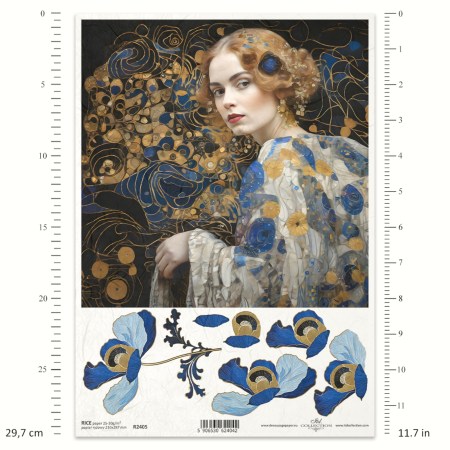 Ριζόχαρτο Decoupage A4 – Πορτρέτο Γυναίκας με Καλλιτεχνικά Λουλούδια σε Στυλ Klimt