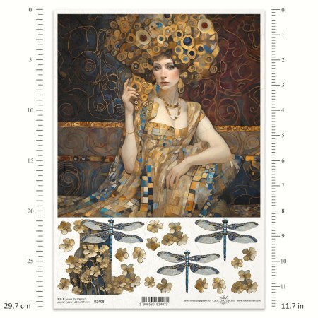 Ριζόχαρτο Decoupage A4 – Πορτρέτο Γυναίκας με Λιβελούλες & Χρυσό Σχέδιο