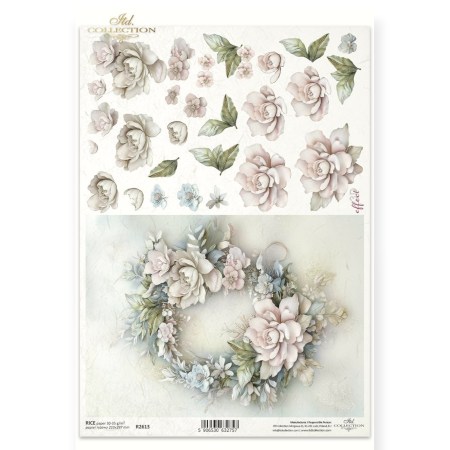 Ριζόχαρτο Decoupage – Παστέλ Στεφάνι με Τριαντάφυλλα & Λεπτομέρειες