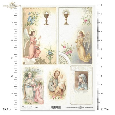 Ένα ρομαντικό και γαλήνιο ριζόχαρτο decoupage A4 από την ITD Collection, με Άγγελους και Παναγία με Ιησού 