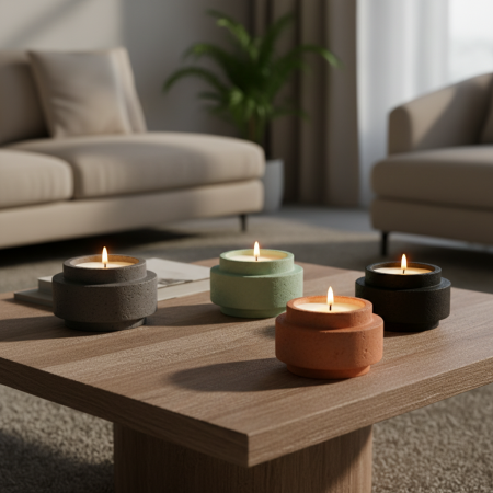 Λευκό καλούπι σιλικόνης δίπλα σε ένα τελικό, ανάγλυφο κηροπήγιο από πηλό με αναμμένο κερί