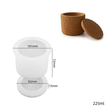 Καλούπι σιλικόνης για δημιουργία βαζακιού με καπάκι, με ανάγλυφη επιφάνεια που προσδίδει άγρια όψη. Διαστάσεις 101x72mm.