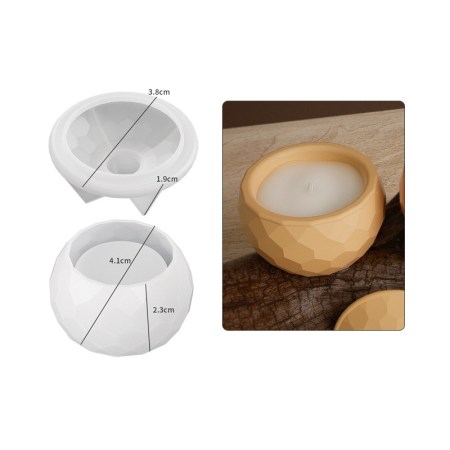 Καλούπι σιλικόνης για πολύγωνο μπολ με καπάκι, κατάλληλο για κεριά και ρητίνη, με αναγραφόμενες διαστάσεις.