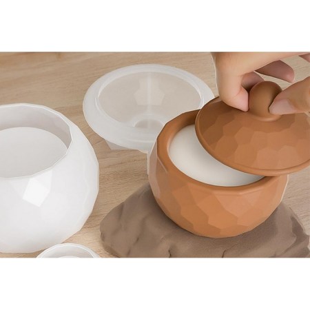 Καλούπι σιλικόνης για πολύγωνο μπολ με καπάκι, κατάλληλο για κεριά και ρητίνη, με αναγραφόμενες διαστάσεις.