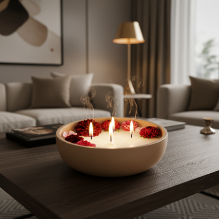 Λευκό στρογγυλό καλούπι σιλικόνης σε σχήμα μπολ και ένα τελικό κερί με λουλούδια μέσα σε ένα παρόμοιο μπολ.