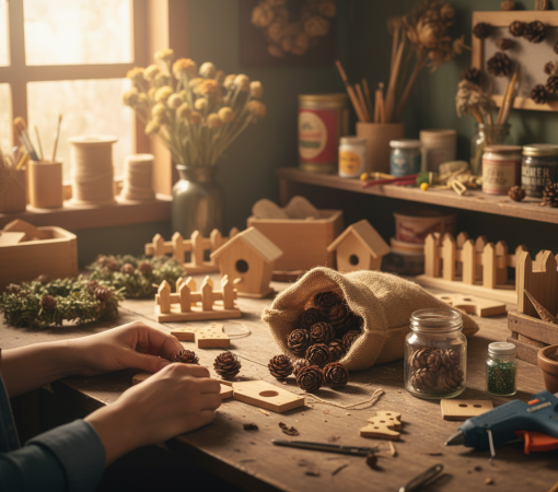 Σακούλα με μικρά φυσικά κουκουνάρια και μερικά διασκορπισμένα, ιδανικά για χειροτεχνίες και διακόσμηση.