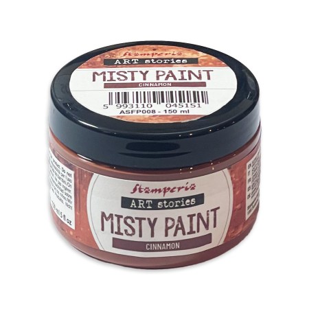 Stamperia ART stories Misty Paint χρώμα cinnamon, 150ml, σε στρογγυλό βάζο με μαύρο καπάκι, με την ετικέτα του προϊόντος ορατή.