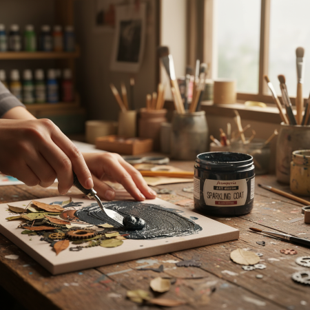 Μαύρη ανάγλυφη πάστα Stamperia Art Stories Sparkling Coat Black Texture σε δοχείο 200ml με ασημένια glitter