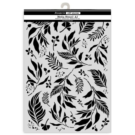 Στένσιλ Stamperia Media A3 με λεπτομερή σχέδια φύλλων και μικρά στοιχεία, σε γκρι φόντο.
