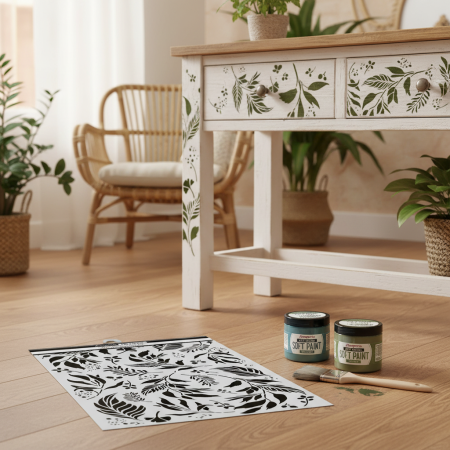 Στένσιλ Stamperia Media A3 με λεπτομερή σχέδια φύλλων και μικρά στοιχεία, σε γκρι φόντο.