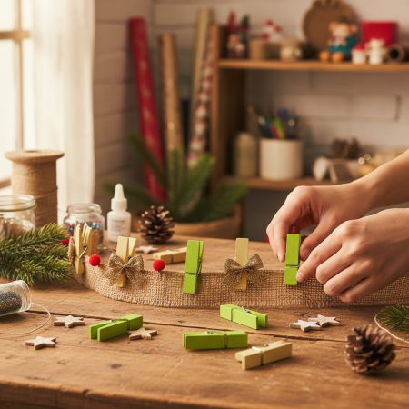 Σετ 24 χρωματιστών ξύλινων μανταλακίων σε πράσινες και κίτρινες αποχρώσεις, συσκευασμένα σε διάφανη θήκη.