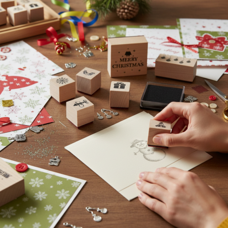 Σετ με 7 ξύλινες χριστουγεννιάτικες σφραγίδες και ένα μαύρο ταμπόν με μελάνι, σε ξύλινη επιφάνεια.