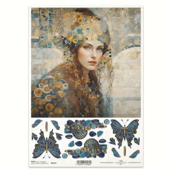 Ριζόχαρτο Decoupage A4 – Πορτρέτο σε Στυλ Klimt με Πεταλούδες & Κοσμήματα