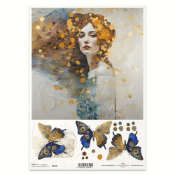 Ριζόχαρτο Decoupage A4 – Γυναίκα σε Στυλ Klimt με Πεταλούδες και Χρυσές Σπείρες
