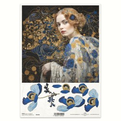 Ριζόχαρτο Decoupage A4 – Πορτρέτο Γυναίκας με Καλλιτεχνικά Λουλούδια σε Στυλ Klimt