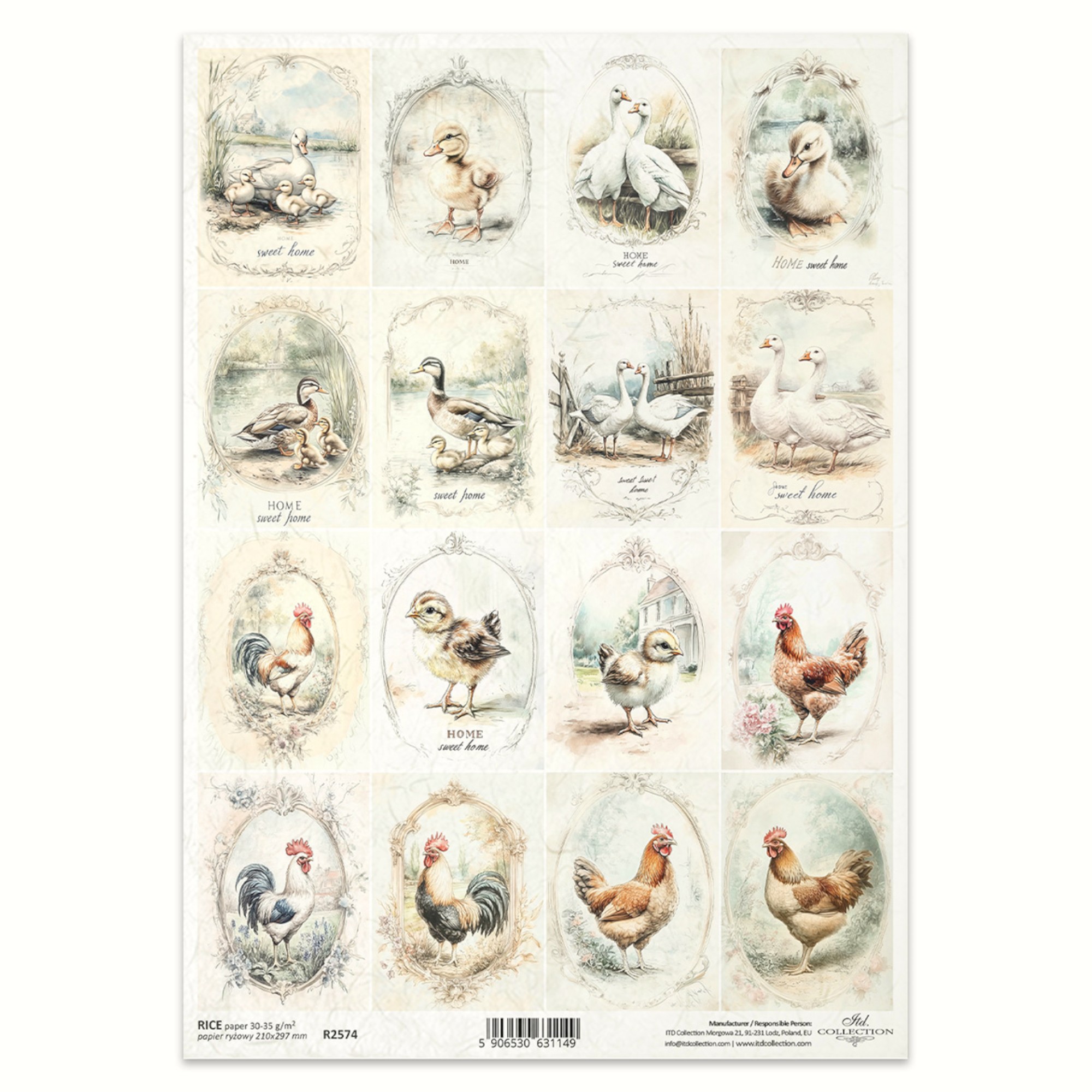 Ριζόχαρτο Decoupage A4 – Παπάκια & Κότες σε Ρετρό Κάδρα