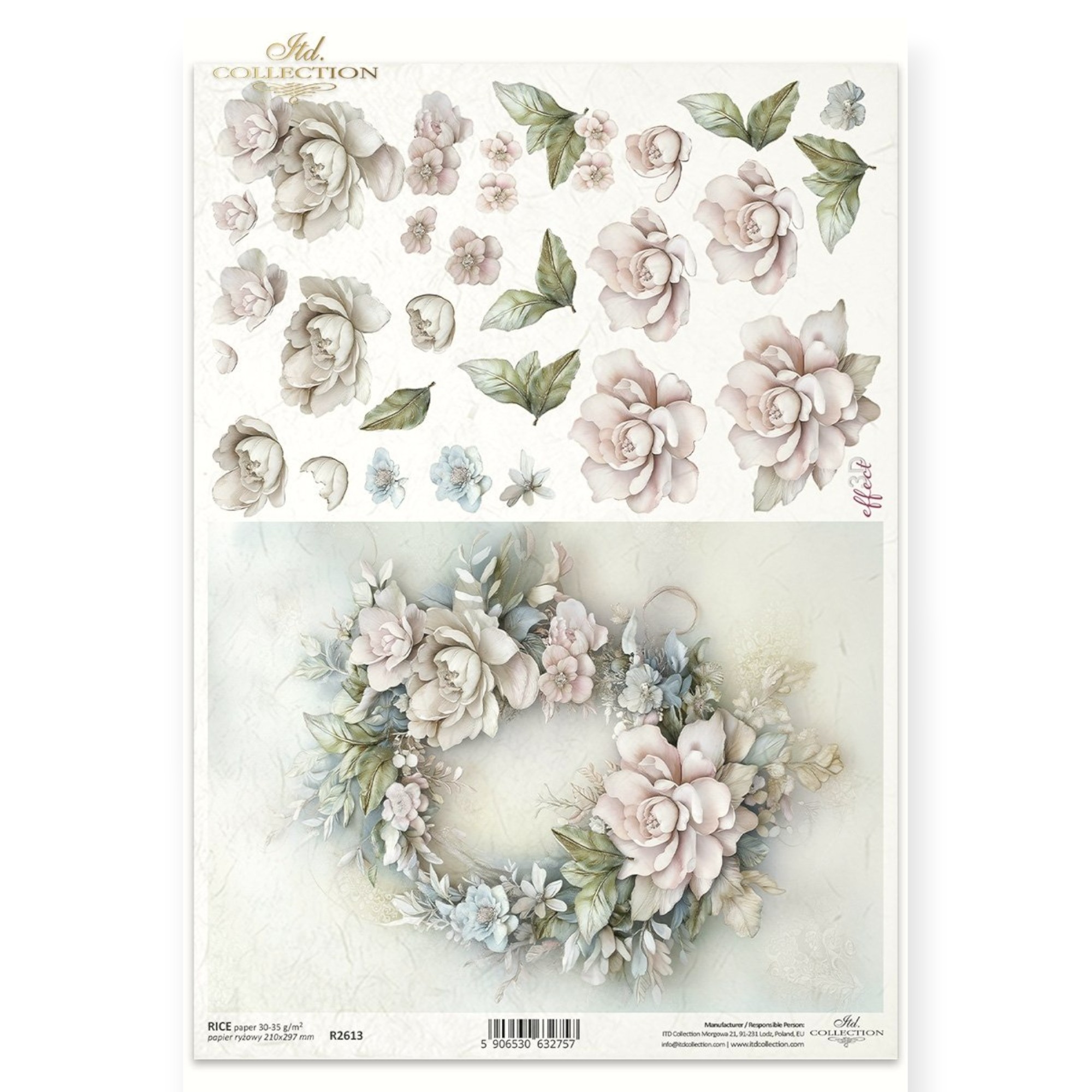 Ριζόχαρτο Decoupage – Παστέλ Στεφάνι με Τριαντάφυλλα & Λεπτομέρειες