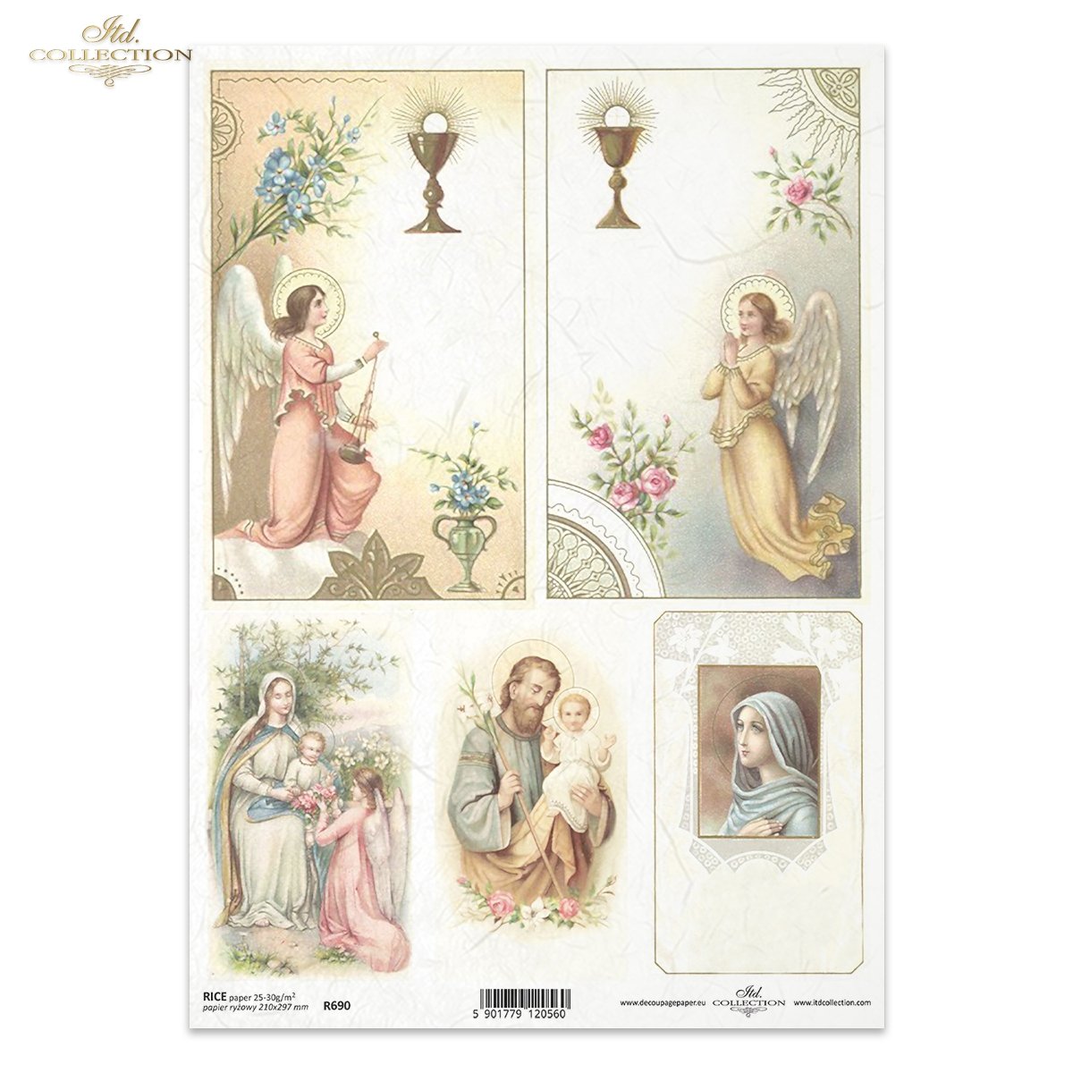 Ένα ρομαντικό και γαλήνιο ριζόχαρτο decoupage A4 από την ITD Collection, με Άγγελους και Παναγία με Ιησού